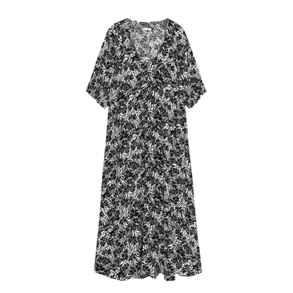 Arket  Kaftan Maxi Dress V-neck Size EU 38 US 8 Floral Black White Short Sleeve - Picture 2 of 10